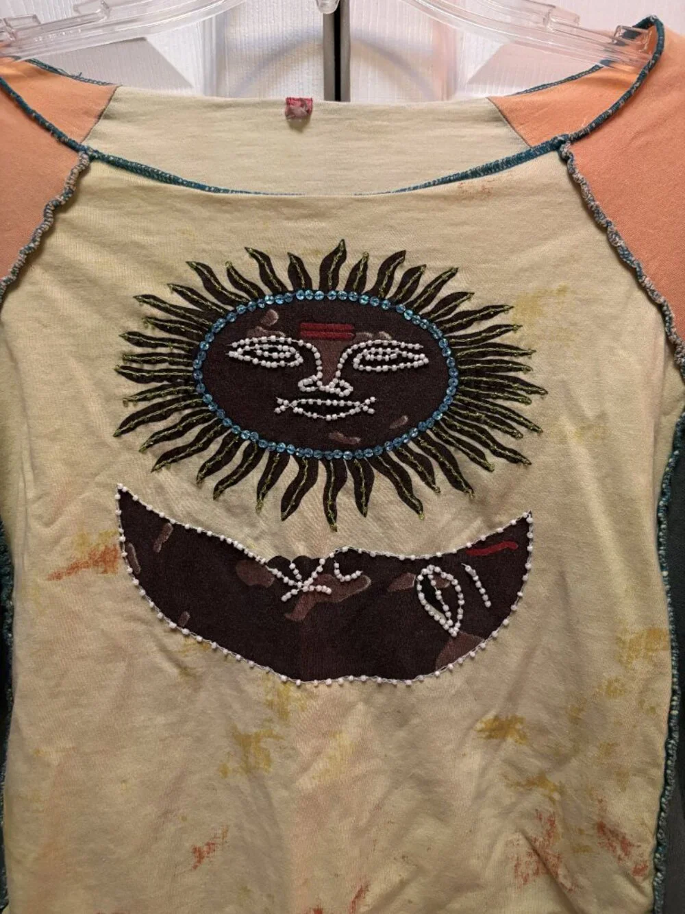 Boho Patchwork Sun Moon Beaded Top Small Art To Wear Fairy Grunge - Picture 2 of 5